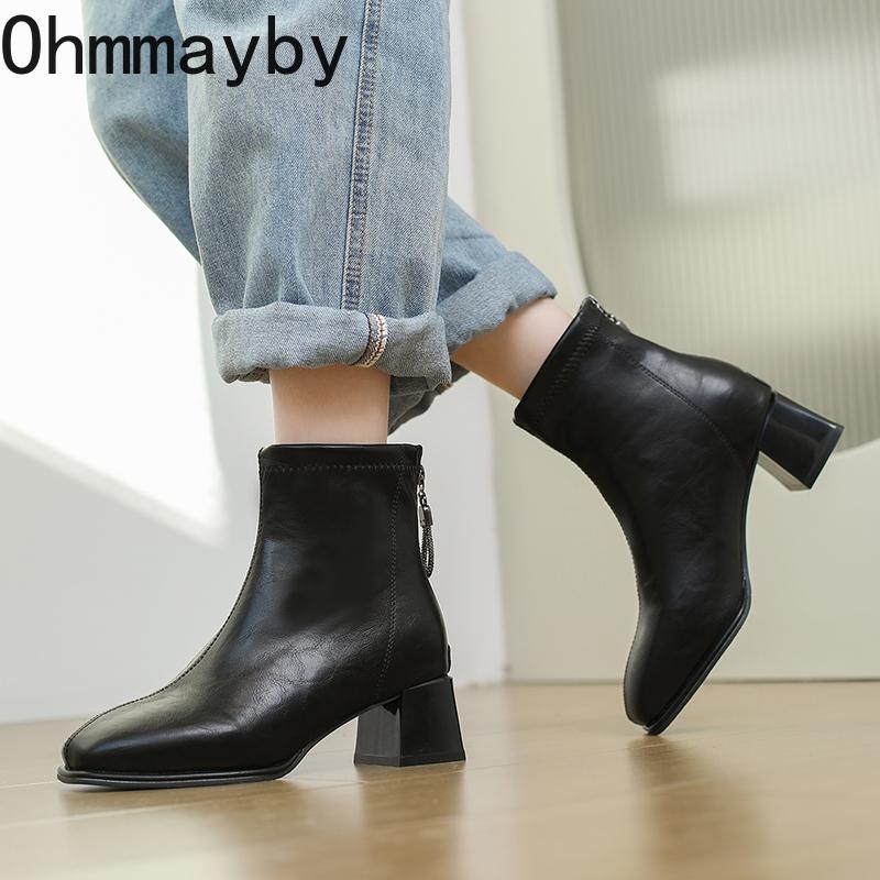 Square Toe Thick Heel Women Ankle Boots Street Style Banquet Party Dress Short Botas Autumn Winter Women's Short Plush Shoes