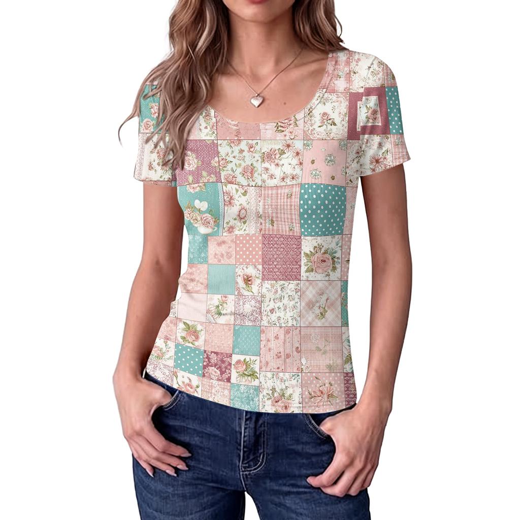 Women's Slim Fit Square Neck Short Sleeve Top Vintage Floral Print Patchwork Design Casual Blouse