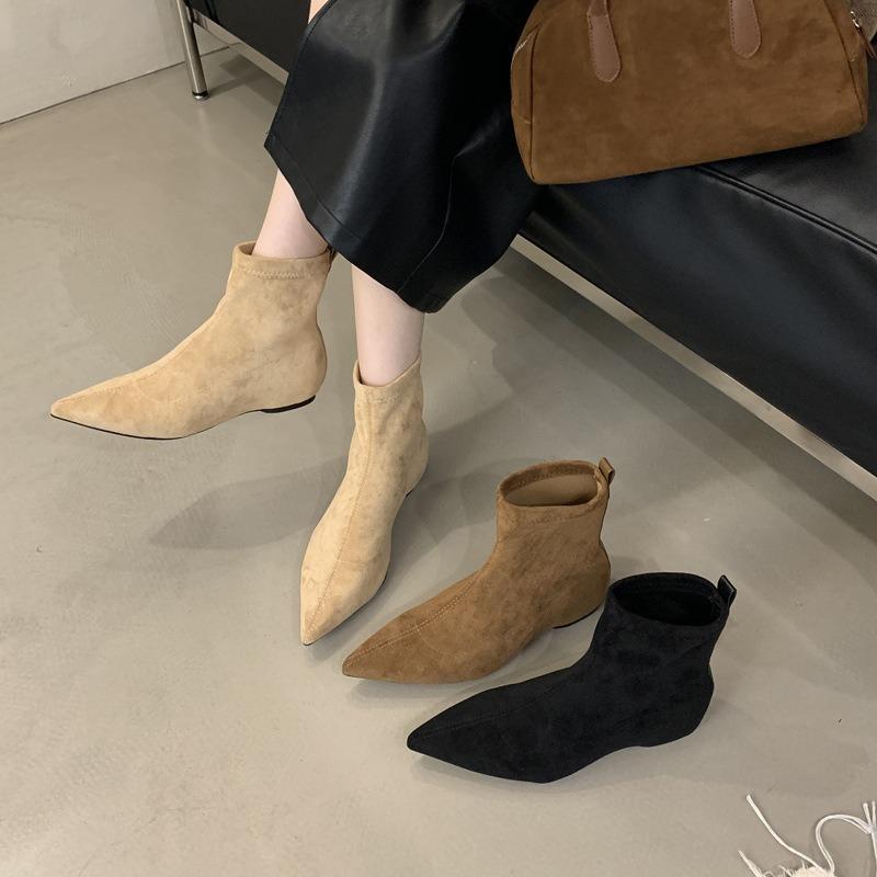 Pointed short boots Women's winter suede elastic inner height increase Pointed thin boots Small wedge heel boots Short boots
