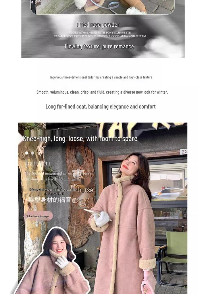 Women's Pink Elegant Long Lambswool Coat - 2025 Korean Style Autumn/Winter Slimming Jacket