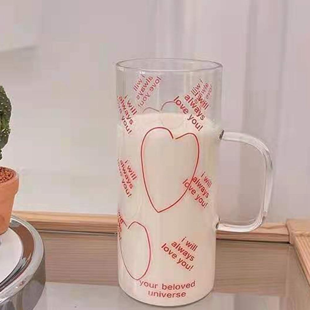 Glass Cup with Handle Korean Style Retro Red Love Letter Milk Cup
