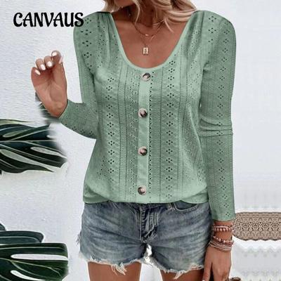 Spring and Autumn Women's Blouse Solid Color Jacquard V-Neck Button Long Sleeve Tops