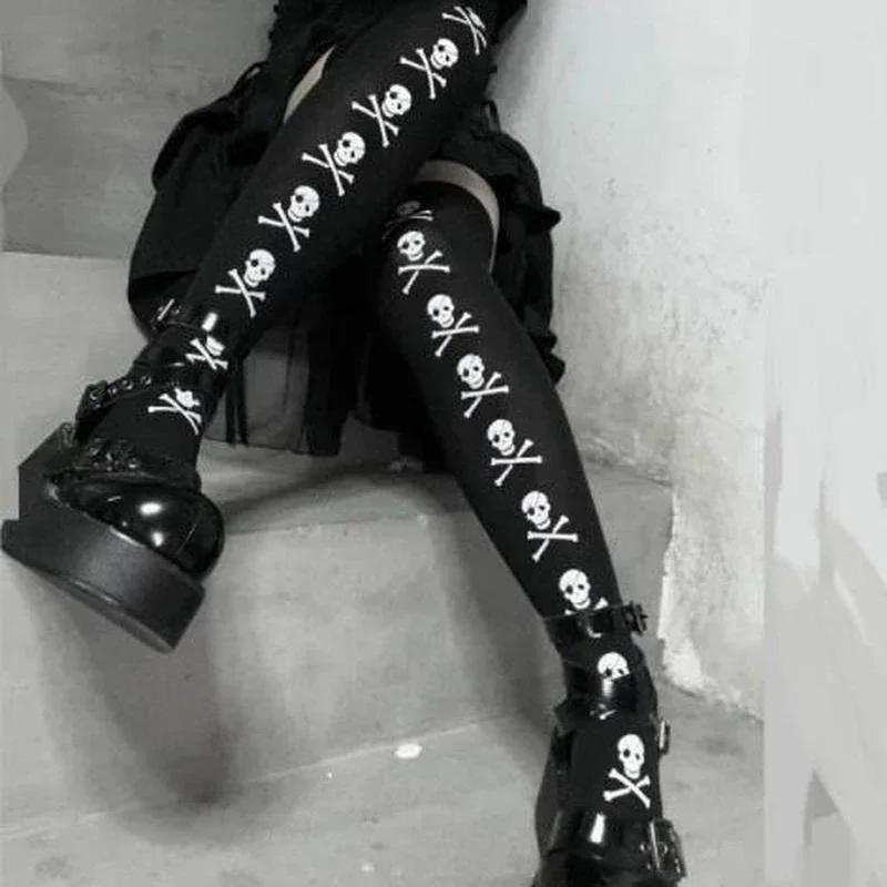 Totenkopf Fledermaus Gothic Dunkel Lang Sexy Strümpfe Frauen Spinne Harajuku Emo Alternativ Strumpfhose Dessous Haut Oberschenkelhoch Strumpfhalter Strumpfwaren One Size black