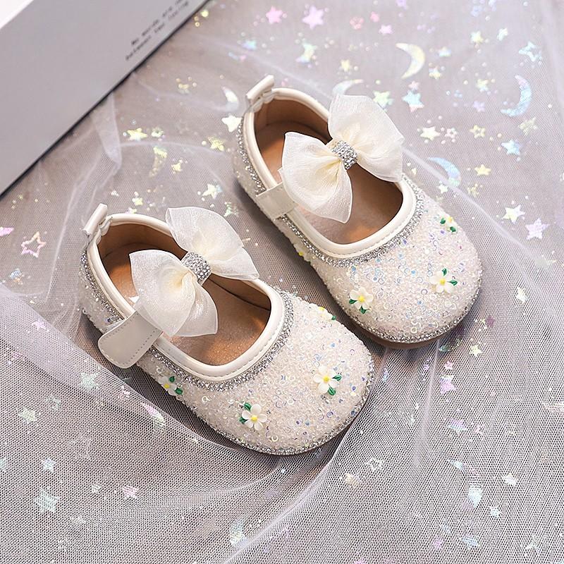 

Туфли для девочек ясельного возраста с блестящими пайетками и большими кружевными бантами, детские туфли принцессы с круглым носком, новая мода 2025, детская обувь для ходьбы, размеры 16-26 16 бежевый