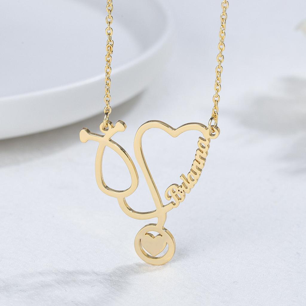 Collane con Nome Personalizzato Gioielli in Acciaio Inossidabile Personalizzate Placcatura Oro Ciondolo Stetoscopio Collane con Targhetta Nome Donna Regalo per Medico alla Fiera alla Moda