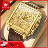 OLEVS 9925 Watches for Men 45mm Square Gold Man Watch Fashion Leather Strap Waterpoof Luminous Chronograph Quartz Wristwatches
