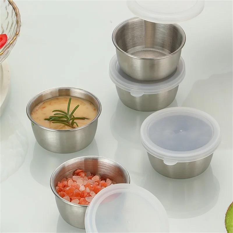 304 Stainless Steel Sauce Seasoning Container 40ml Sauce Cup Silicone Cover Leak-proof Salad Dipping Dish Small Storage Box
