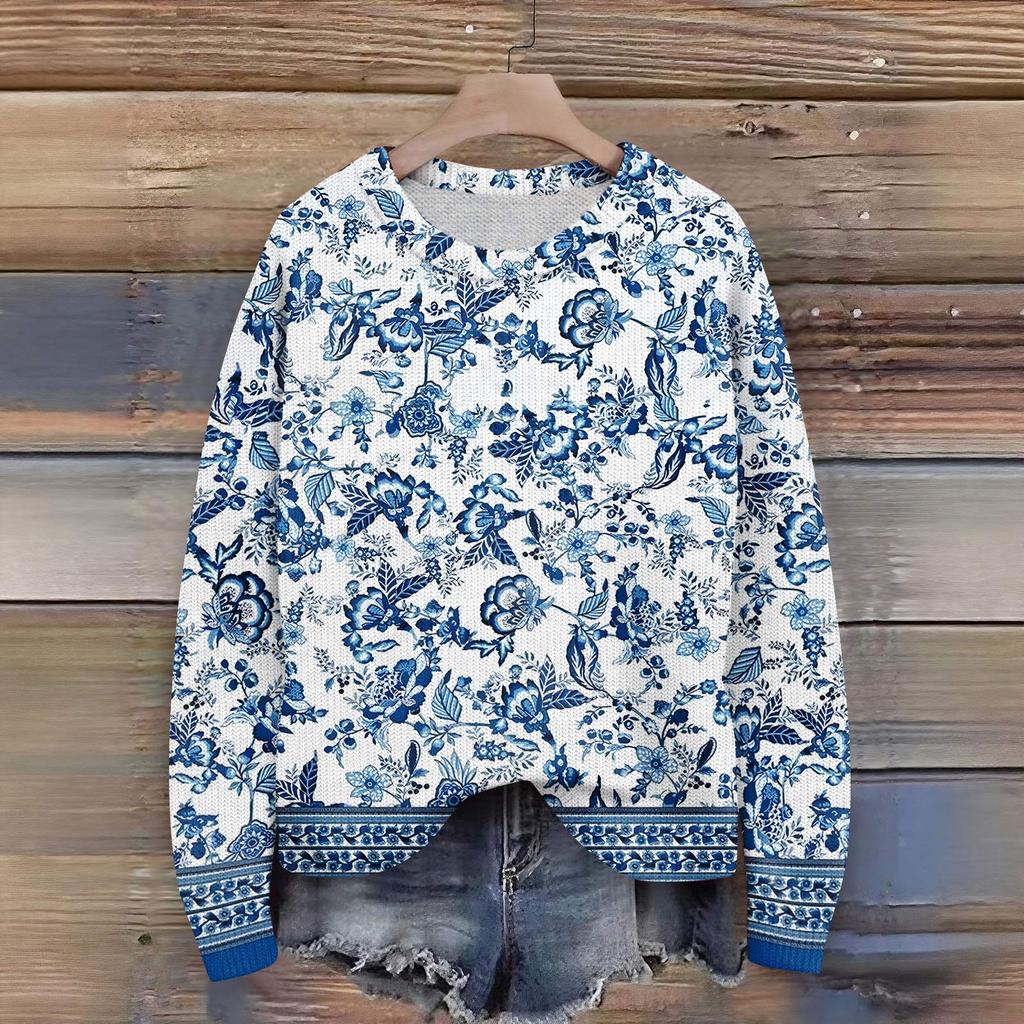 Long Sleeve Pullover Sweaters For Women O Neck Casual Cute Printing Knit Oversized Sweater
