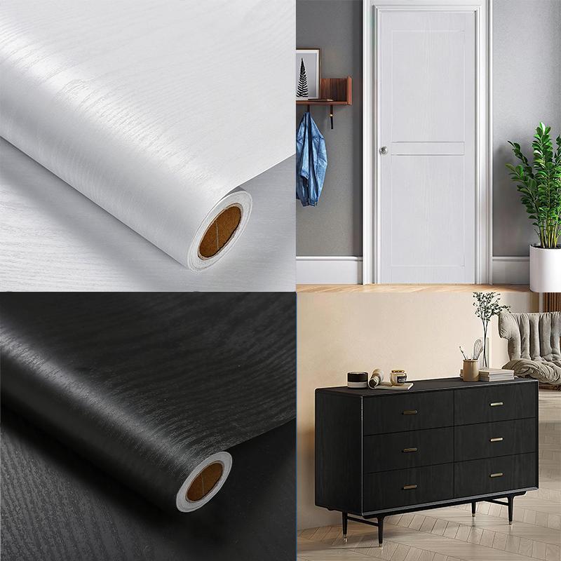 PVC Wood Grain Self-Adhesive Wallpaper Black White Solid Color 55cm Suitable For Wardrobes Kitchen Furniture And Wall Decoration