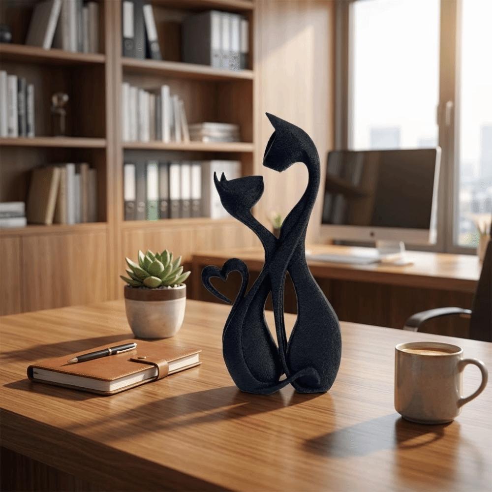 3D Printed Cat Couple Figurine Handcrafted Romantic Cat Sculpture Ornament Modern Heart-Shaped Loving Cats Sculpture