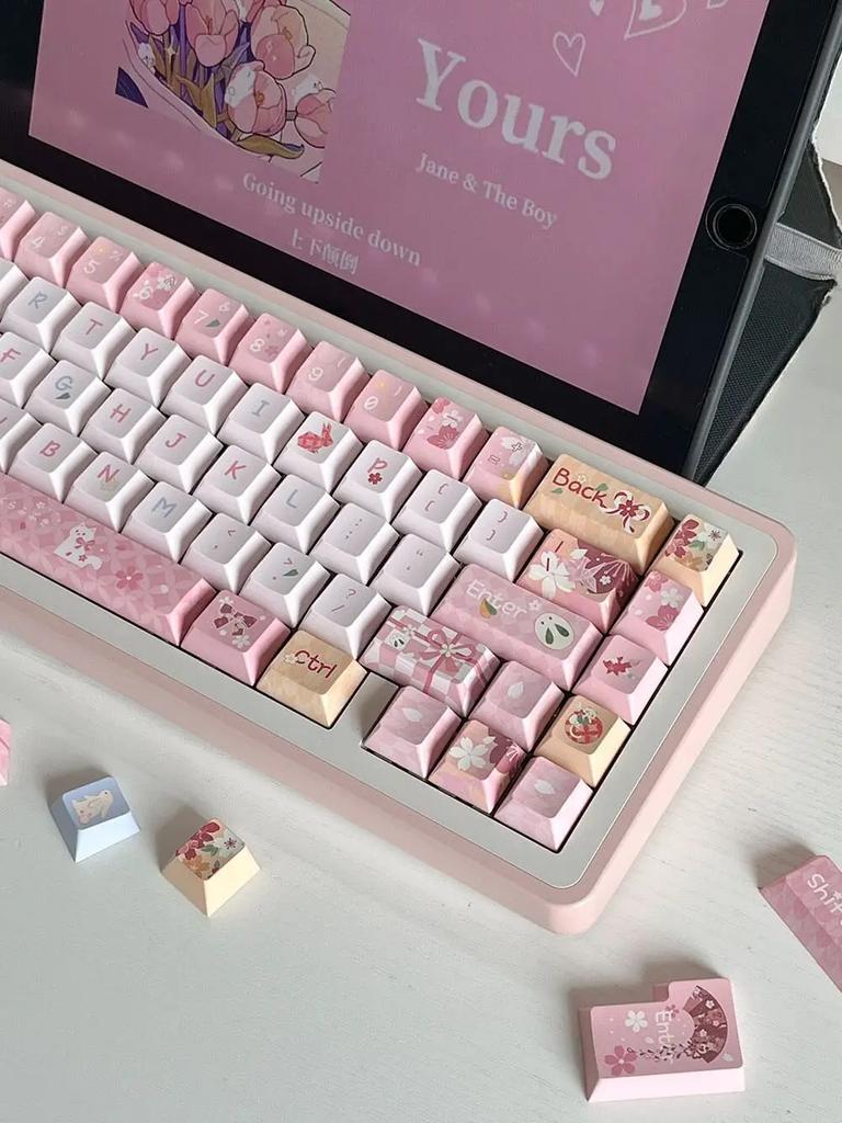Keycaps Cute Rabbit Cherry Pbt Blossom Letter Caps Pink Keycap 139 Key 2.25/2/7U Space Bar Alice Layout Keycap