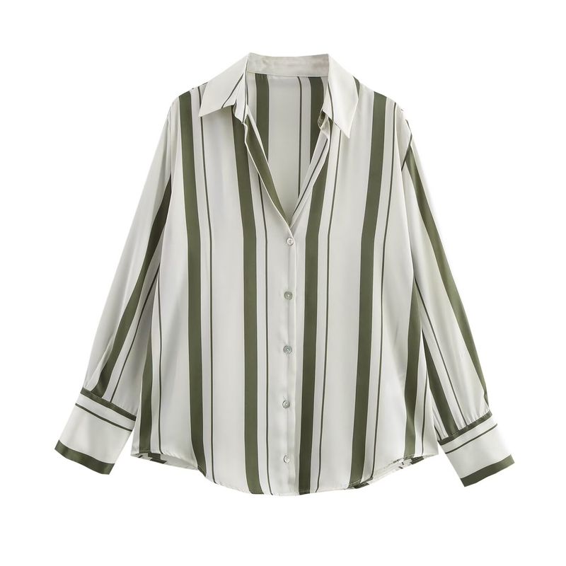 Kaslead New Arrival Women's Fashion Style Fashion Minimalist Stripes Print Satin Shirt 8503812