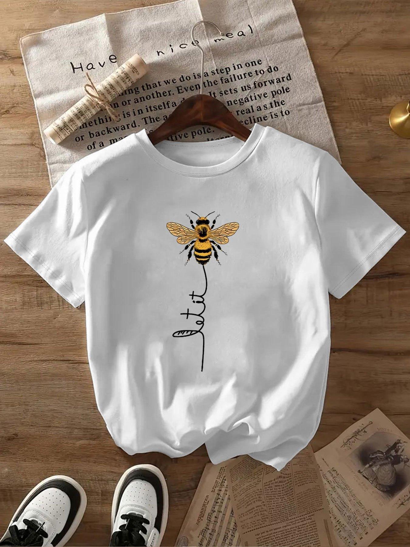 Bee Pattern Printed Tshirt for Summer Women Round Neck Short Sleeved Fashionable Casual Fashion Summer Women Clothing S