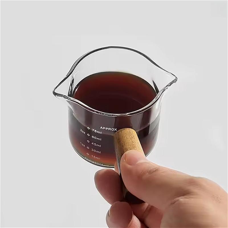 Glass Espresso Cup with Wooden Handle Single and Double Mouthed Coffee Cup Heat Resistant Small Glass Measuring Mug Latte Cup