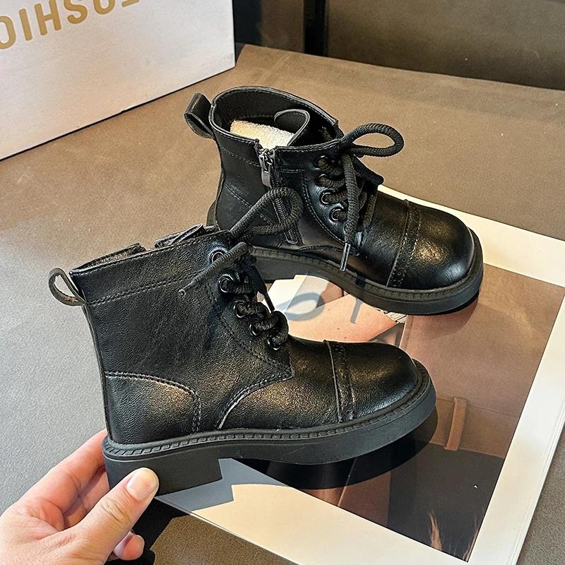 New Children's Autumn Boots Solid Color Cool Girl Causal Ankle Boots Round-toe Versatile Kids Fashion Leather Boots Side Zipper
