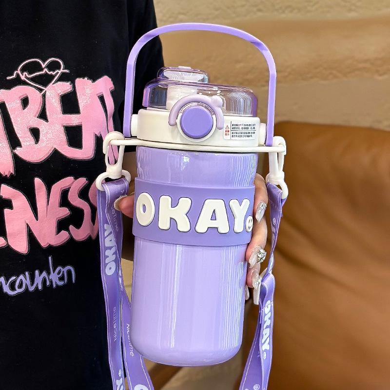 Girls' Stylish 316 Stainless Steel Thermos Cup with Straw & Crossbody Strap, Dual-Opening, 2023 Model