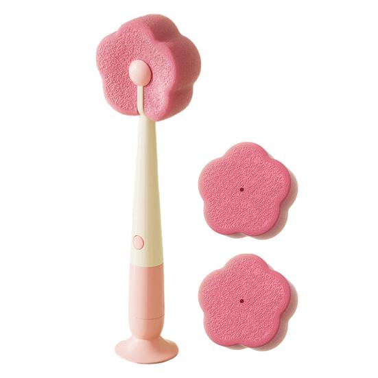 Cleaning Brush with Suction Cup Base Removable Flower Sponge Head Three-in-One Functions Multi-functional Cleaning Brush