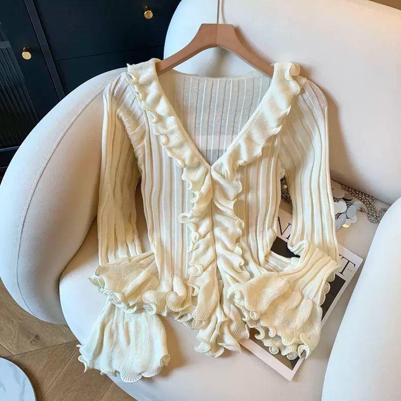 Maglione da Donna Invernale Pullover Caldo Lavorato a Maglia Scollo a V Bordatura in Pizzo Manica Lunga Oversize Maglione Top
