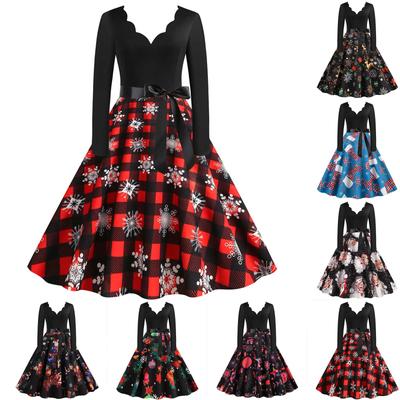 Women's Fashion Christmas Casual Slim Print Hem Long Sleeve Dress