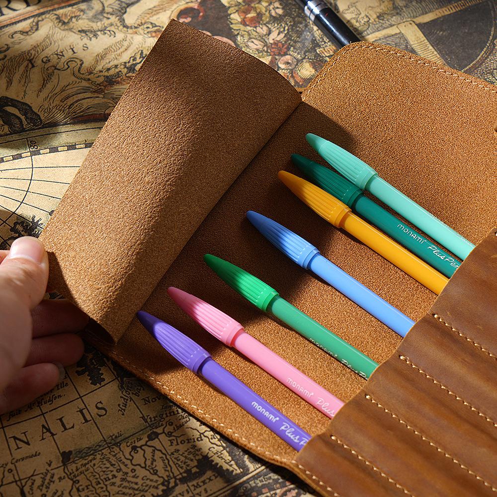 Vintage Genuine First Layer Cowhide Buckle Closure Minimalist Literary Pencil Bag Multifunctional Roll Leather Pen Pouch for