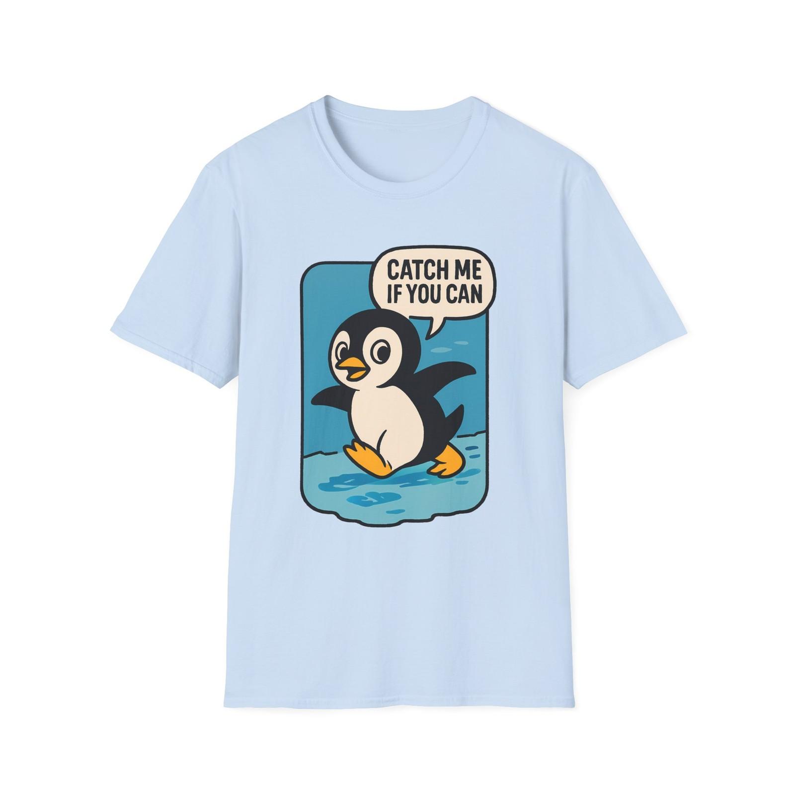Unisex Softstyle T-Shirt Mens Womens Tees Top “Catch Me If You Can” Penguin – Comic Style Icy Charm M