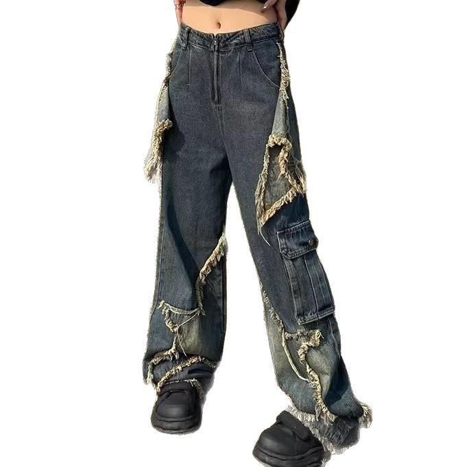 Men's Fringe Ripped Jeans & Women's Cargo Pants with Big Pocket Design - Summer Retro Style.