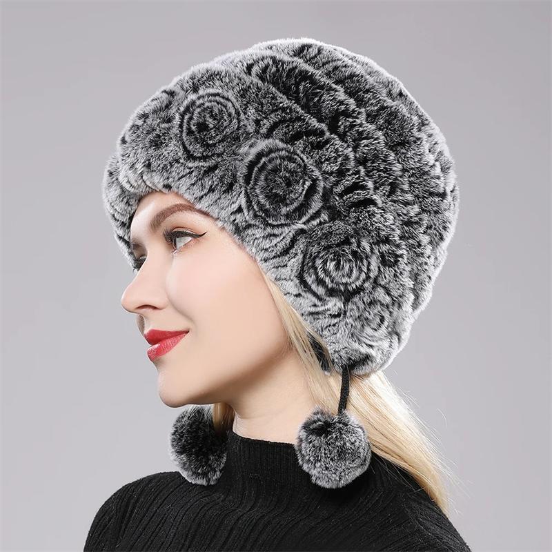 Winter Women's Natural Stripe Flower Rex Fur Rabbit Women