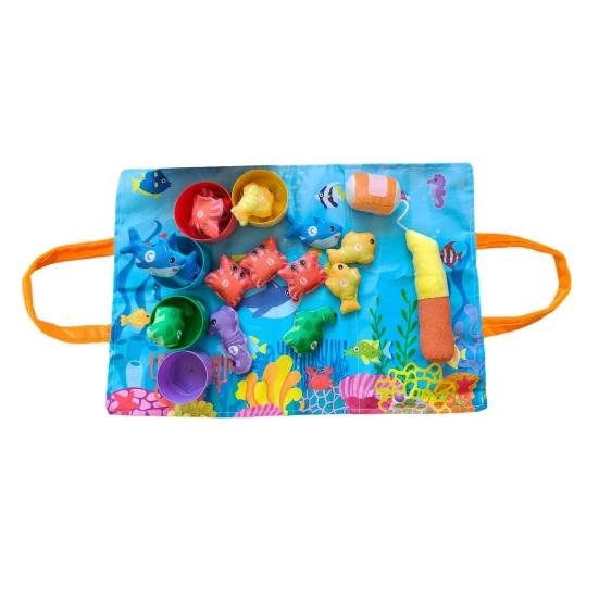 Montessori Fishing Toy for Toddlers Soft Fabric Play Mat with Fish & Stacking Buckets Early Learning Educational Game for Babies 1-3 Years Old
