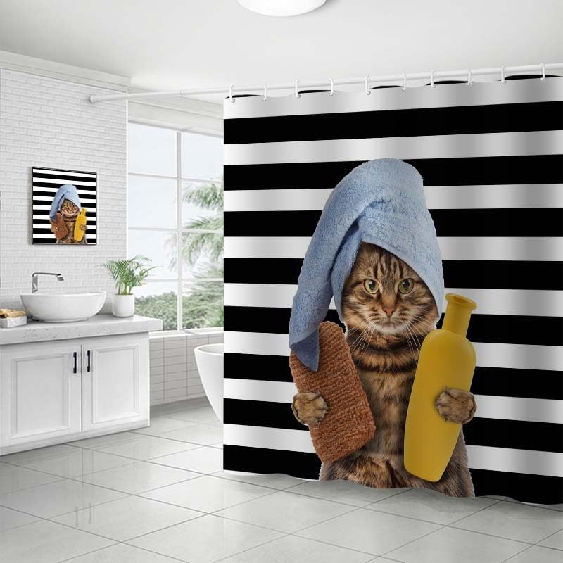 Funny Cat Shower Curtains 72 x 72 inch,Bathing Cat Waterproof Polyester Fabric Bathroom Curtain with 12 Hooks