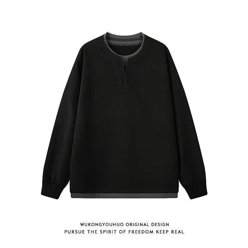 

Весенне-осенняя мужская высококачественная лоскутная поддельная двухкомпонентная толстовка, модная универсальная свободная дышащая однотонная повседневная базовая рубашка 3XL чёрный