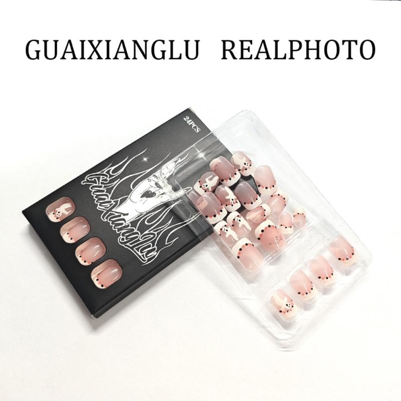Halloween Press On Nail White French Manicure With Glittering And Bat Patterns 24 Reusable Faux Nail