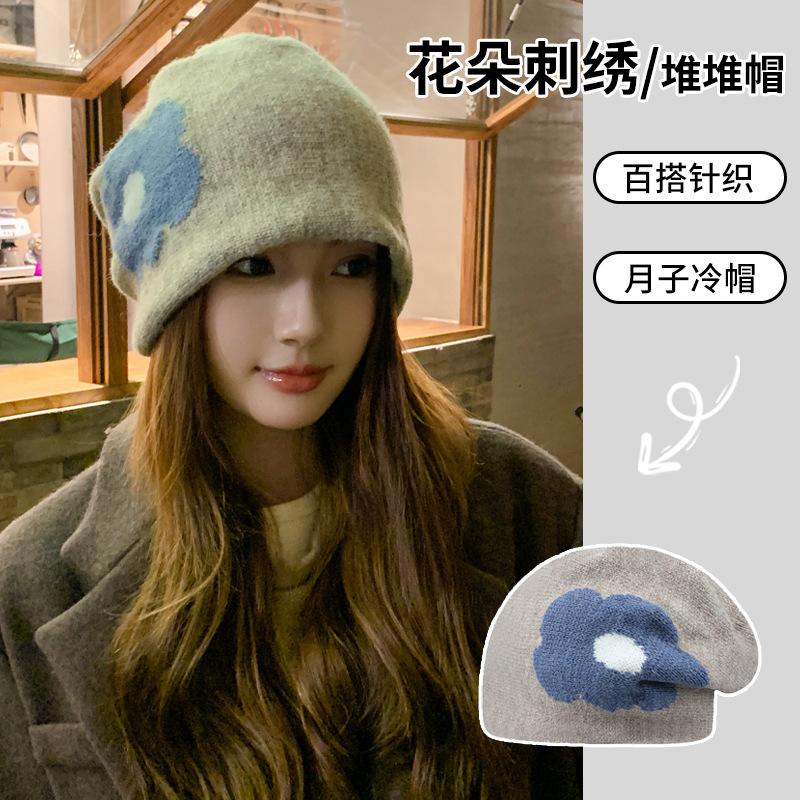 Autumn and winter designer retro flower small fragrance wool hat women's versatile knitted hat thermal ear protection stack hat