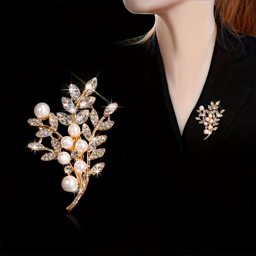 Fashion Pearl Flower Leaf Brooch Crystal Rhinestone Pin Elegant Floral Design Accessory for Women and Girls Suitable for Various Occasions