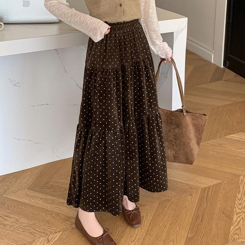 2025 Autumn/Winter Women's Polka Dot Velvet A-line Midi Skirt with Elastic Waist