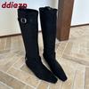 Fashion Fashion Flock Women Knee High Boots With Wedges Low Heel Shoes Buckle Female Pointed Toe Ladies Long Modern Boots Shoes