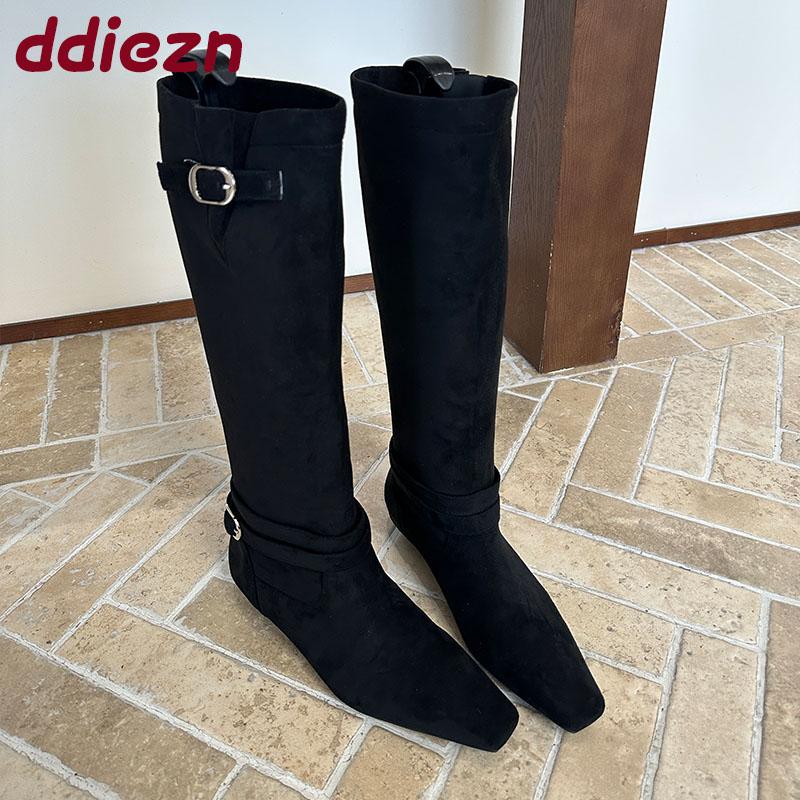 Fashion Fashion Flock Women Knee High Boots With Wedges Low Heel Shoes Buckle Female Pointed Toe Ladies Long Modern Boots Shoes