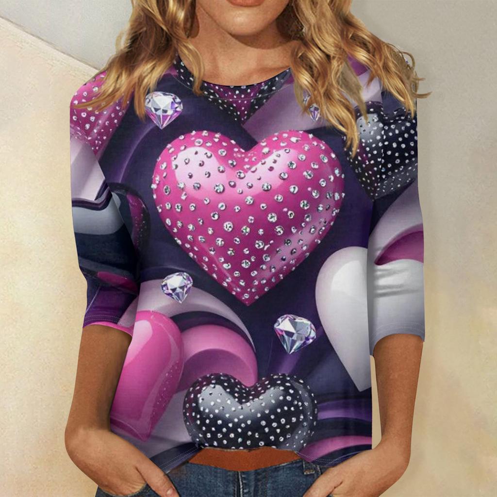 Damen Valentinstag Print Mode Lässig 3/4 Ärmel Rundhals Oberteil