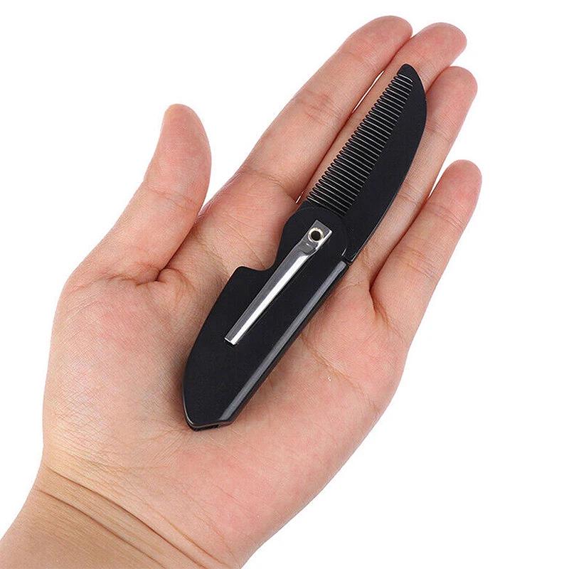 Black Pocket Folding Comb, Knife-Shaped Pompadour Comb with Clip, Portable Beard Comb
