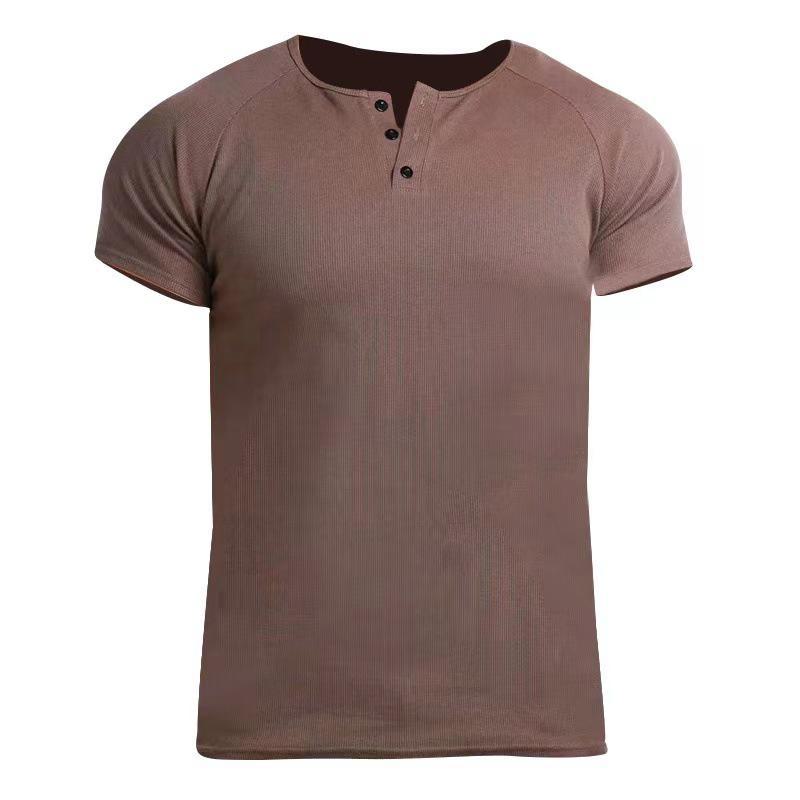 Men's Retro Cotton Henley Shirt - Coarse Thread 230g, Solid Color, Short-Sleeve Fitness Top