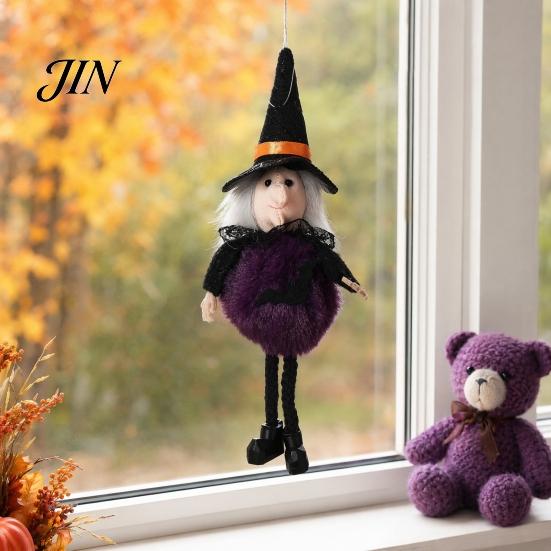 High-quality Halloween Figure Plush Pom Hanging Decoration, Pumpkin/Ghost/Black Cat/Witch Doll Creepy Witch Ornament for Tree, Porch, Window
