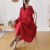 Johnature Spring Japanese Linen Ruffles Collar Dress Women Vintage Solid Color Loose Full Sleeve Hollow Out Dresses