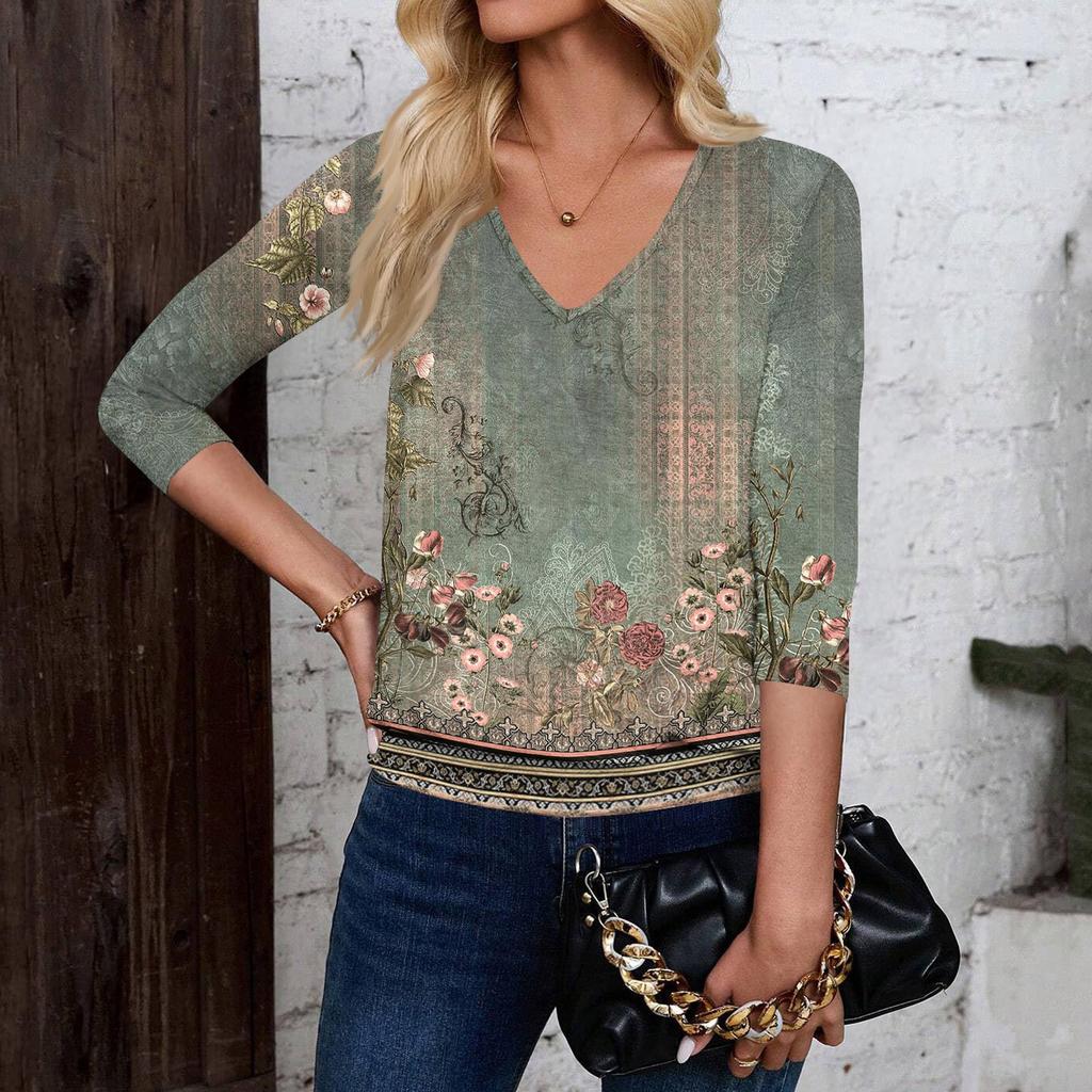 Damenmode Lässig V-Ausschnitt Dreiviertelarm Print Top