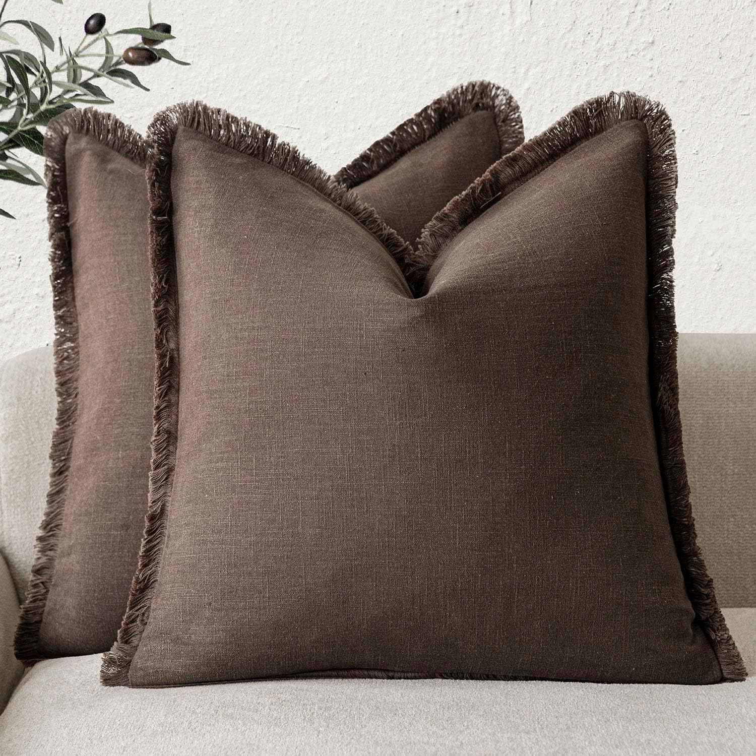 Olijfgroene Linnen Franje Kussenhoezen Boho Boerderij Kussenhoes met Kwastjes Bank Woonkamer Kussensloop 18×18 Inch 30x50cm
