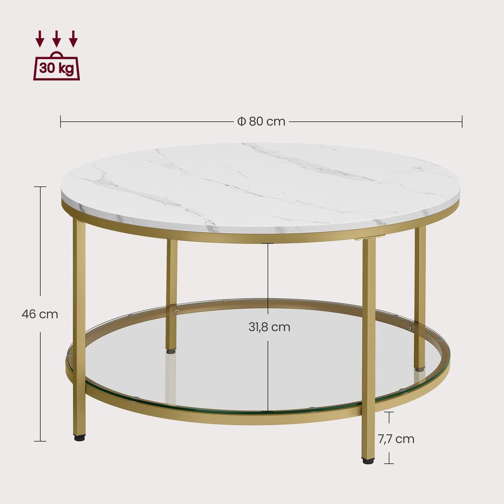 VASAGLE Stolik Kawowy, Stolik do Salonu, Stolik Koktajlowy do Sofy Okrągły z Faux Marmuru, Szklana Półka ze Szlifowanego Szkła, Łatwy w Montażu, Styl Nowoczesny