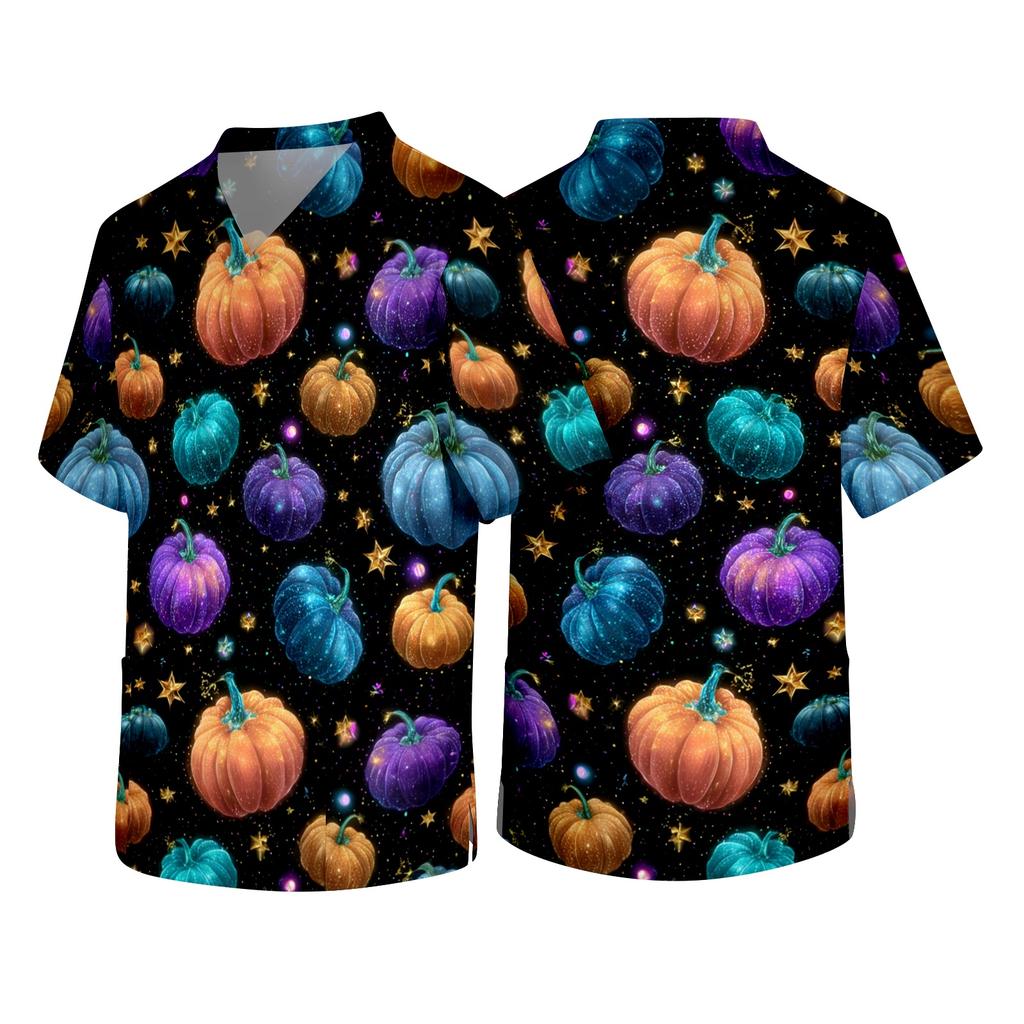 Men's V Neck Halloween Print Medical Scrub Top with Chest Pocket Short Sleeve Comfortable Fit Lightweight Fabric