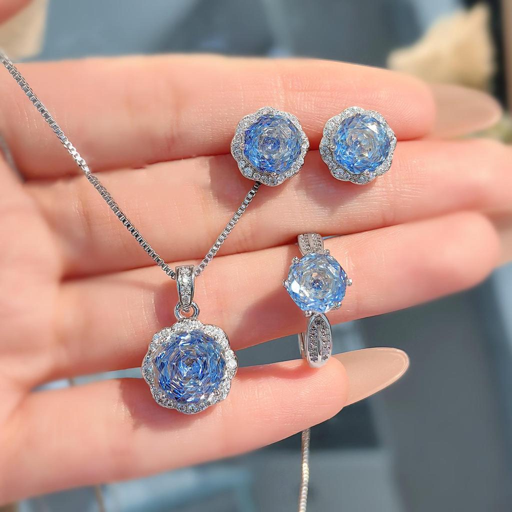 Elegant Blue Tanzanite Octagonal Pendant Set with Rose Cut Diamonds and Stud Earrings for Women