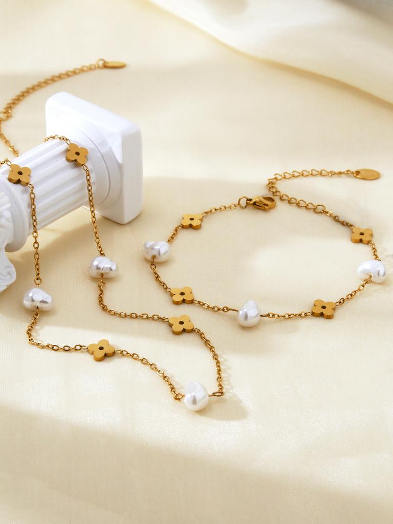 Fashion Elegant Temperament Light Luxury Stainless Steel 18K Gold-Plated Zircon Clover Necklace Bracelet Zircon Set Female