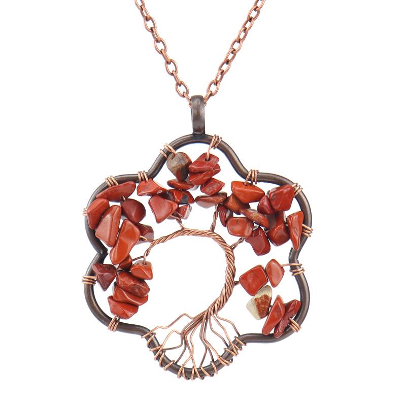 Vintage Sunflower Hand-Wound Tree of Life Necklace with Crushed Stone Crystal Pendant