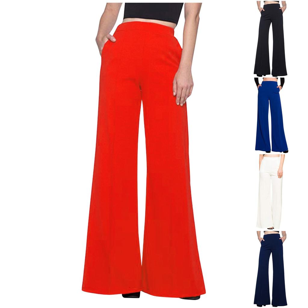 Women's Fashion Loose Casual Solid Color Elastic Waist Pocket Flared Casual Pants