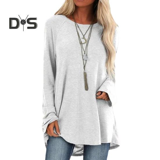 

Женские топы с круглым вырезом и длинным рукавом, свободный крой, однотонная туника, повседневная рубашка с длиной до бедер M белый